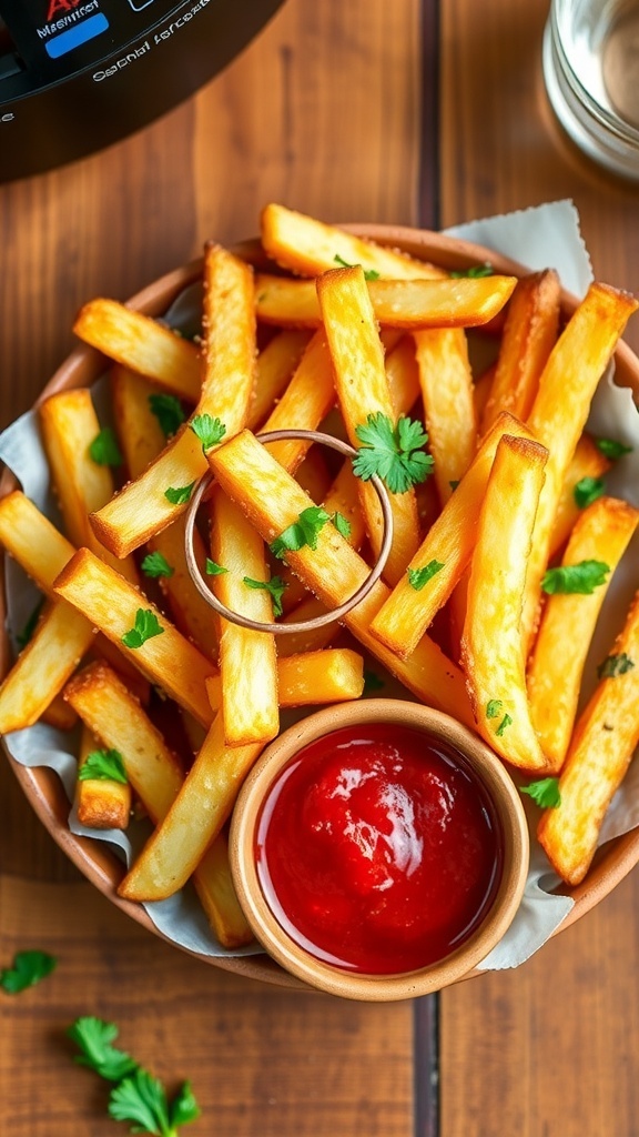 Garlic Parmesan Air Fryer French Fries Recipe Crispy garlic Parmesan French fries served with marinara sauce on a rustic table.